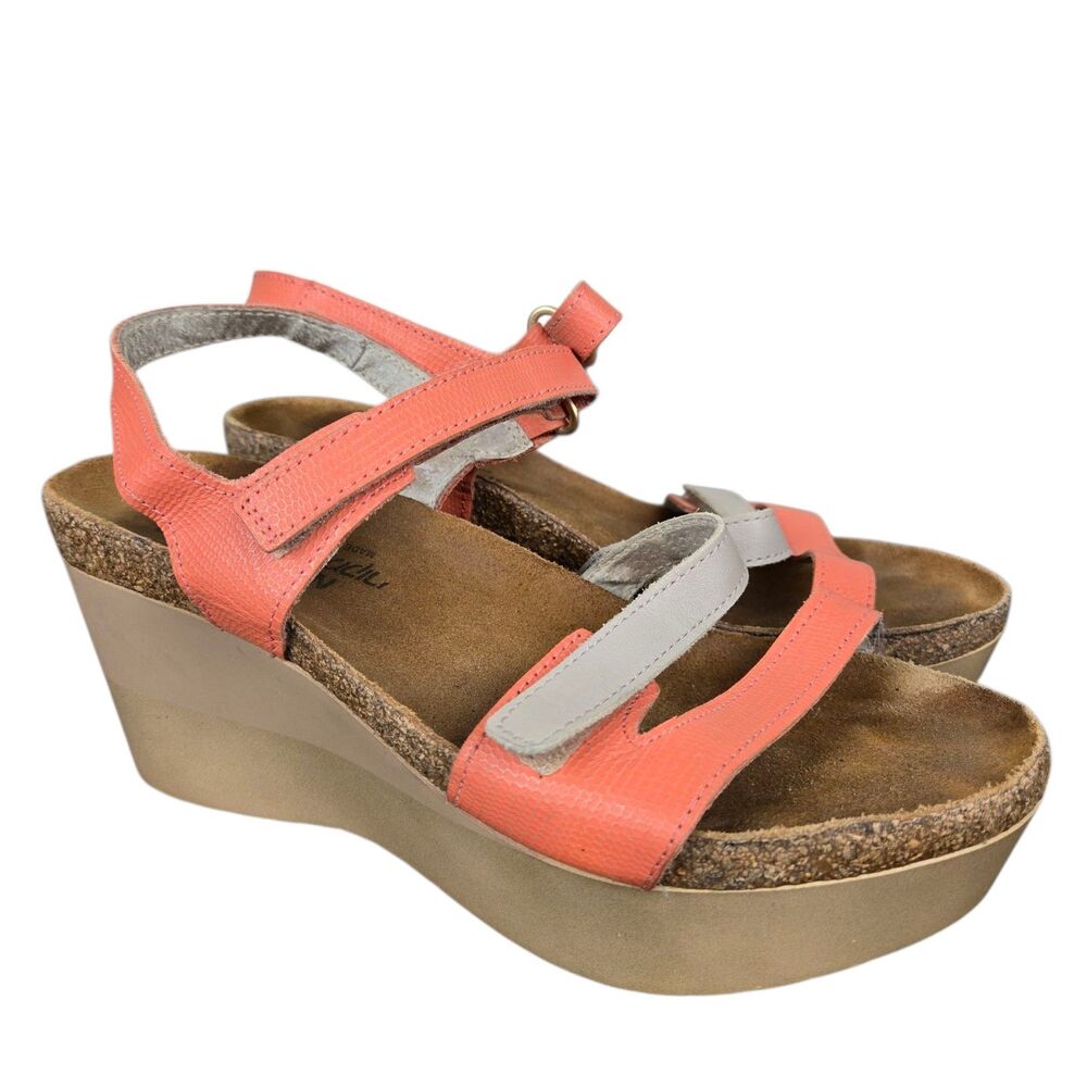 NAOT Canaan Platform Wedge Ankle Strap Leather Sandals 38 US 7 Orange Tan